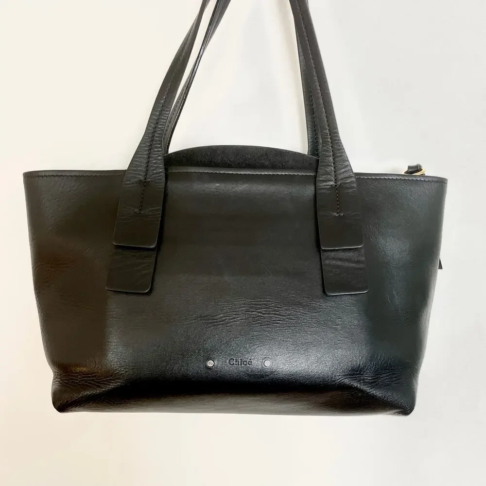 Chloe Shiny Black Leather C Zip Top Shopper Tote Shoulder Bag Carryall Small